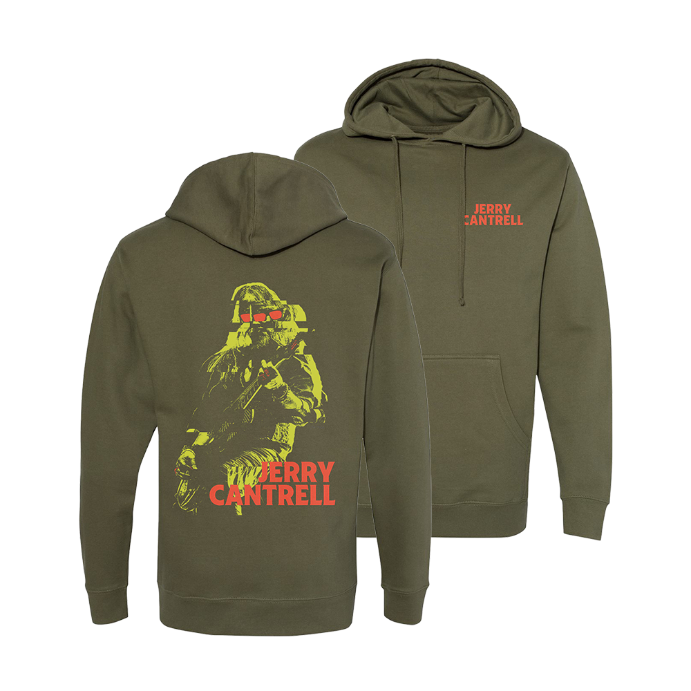 Official Jerry Cantrell Merchandise. 80% cotton / 20% polyester, mid weight army green pullover hoodie featuring a glitch photo of Jerry Cantrell.