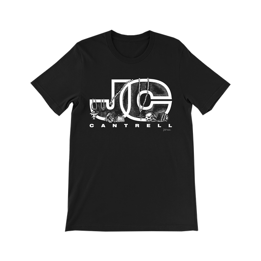 Official Jerry Cantrell Merchandise. 100% cotton, black t-shirt with a graphic illustration of Jerry's jewelry hanging around the JC log