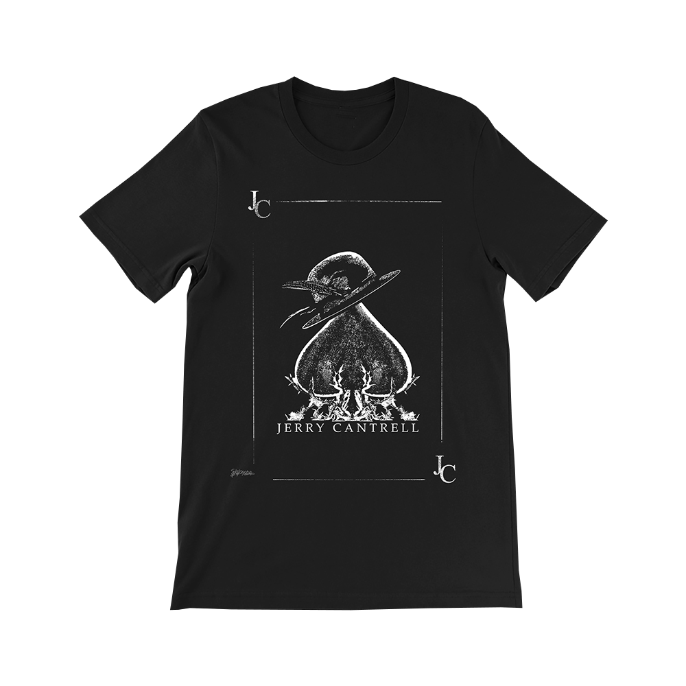 Official Jerry Cantrell Merchandise. 100% cotton, black t-shirt with a graphic illustration of Jerry's hat hanging off of a spade.